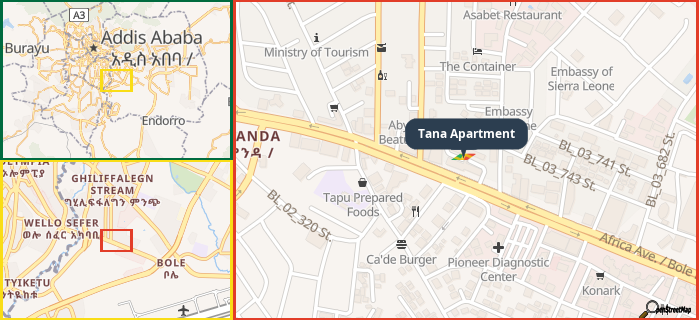 Map showing the address of Tana Apartment in three different zoom levels.