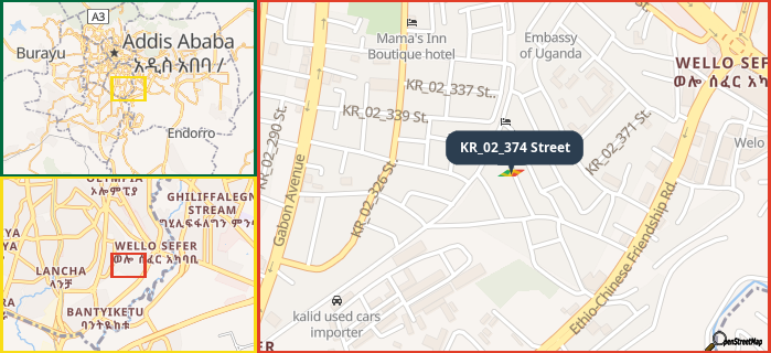 Map showing the address of KR_02_374 Street in three different zoom levels.