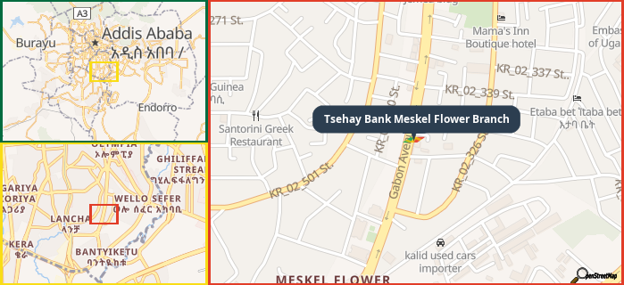 Map showing the address of Tsehay Bank Meskel Flower Branch in three different zoom levels.