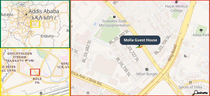 Map showing the address of Molla Guest House in three different zoom levels.