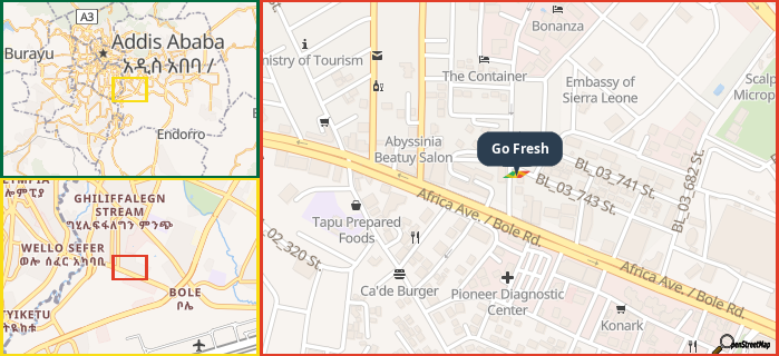 Map showing the address of Go Fresh in three different zoom levels.