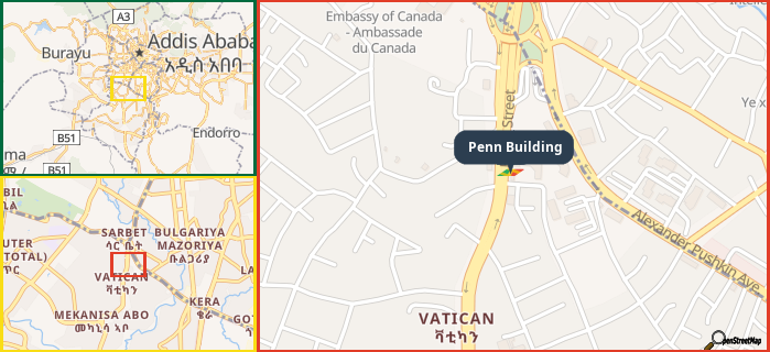 Map showing the address of Penn Building in three different zoom levels.