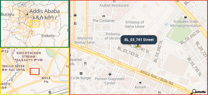 Map showing the address of BL_03_741 Street in three different zoom levels.