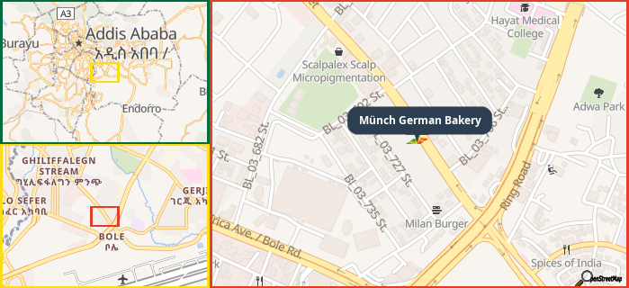 Map showing the address of Münch German Bakery in three different zoom levels.
