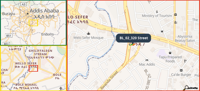 Map showing the address of BL_02_320 Street in three different zoom levels.