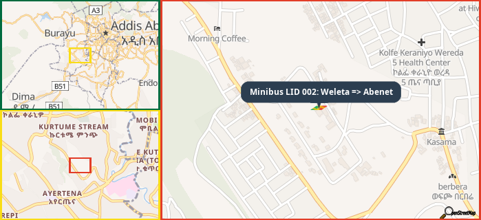 Map showing the address of Minibus LID 002: Weleta => Abenet in three different zoom levels.