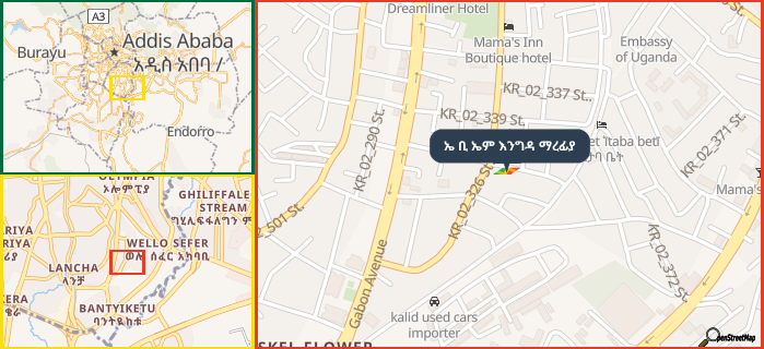 Map showing the address of ኤ ቢ ኤም እንግዳ ማረፊያ in three different zoom levels.