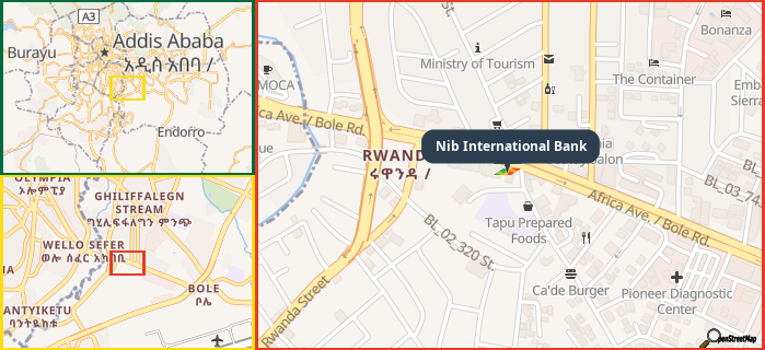 Map showing the address of Nib International Bank in three different zoom levels.