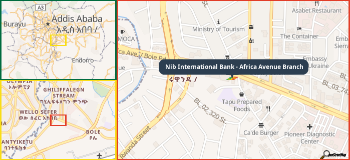 Map showing the address of Nib International Bank - Africa Avenue Branch in three different zoom levels.