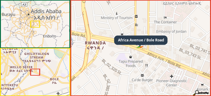 Map showing the address of Africa Avenue / Bole Road in three different zoom levels.