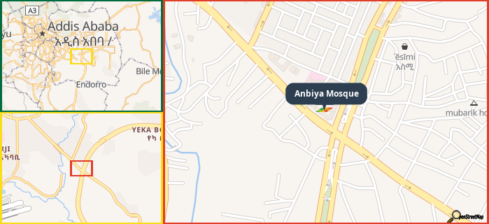 Map showing the address of Anbiya Mosque in three different zoom levels.