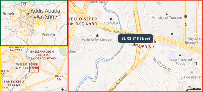 Map showing the address of BL_02_318 Street in three different zoom levels.