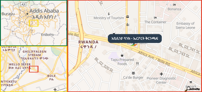 Map showing the address of አቢሲንያ ባንክ - ኤርፖርት ቅርንጫፍ in three different zoom levels.