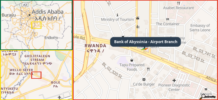 Map showing the address of Bank of Abyssinia - Airport Branch in three different zoom levels.