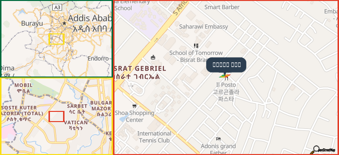 Map showing the address of 고르곤졸라 파스타 in three different zoom levels.