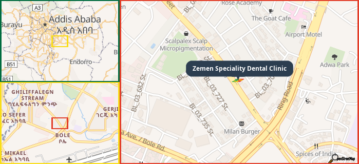Map showing the address of Zemen Speciality Dental Clinic in three different zoom levels.