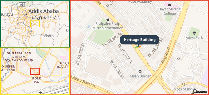 Map showing the address of Heritage Building in three different zoom levels.