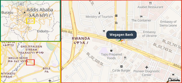 Map showing the address of Wegagen Bank in three different zoom levels.