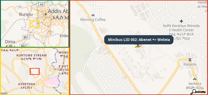 Map showing the address of Minibus LID 002: Abenet => Weleta in three different zoom levels.