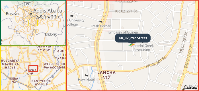 Map showing the address of KR_02_292 Street in three different zoom levels.