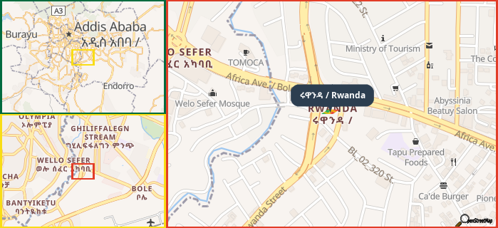 Map showing the address of ሩዋንዳ / Rwanda in three different zoom levels.