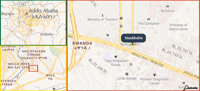 Map showing the address of Stockholm in three different zoom levels.