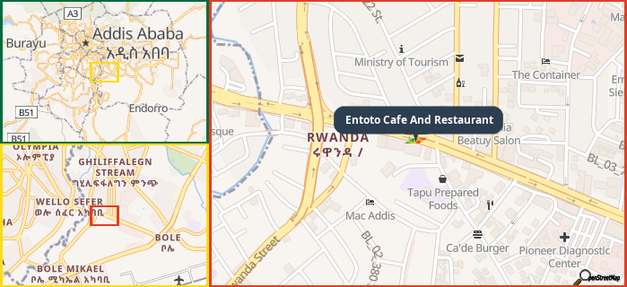 Map showing the address of Entoto Cafe And Restaurant in three different zoom levels.