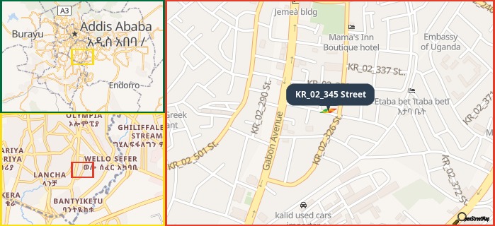 Map showing the address of KR_02_345 Street in three different zoom levels.