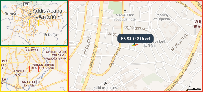 Map showing the address of KR_02_340 Street in three different zoom levels.