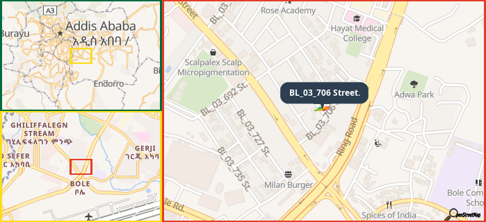 Map showing the address of BL_03_706 Street. in three different zoom levels.