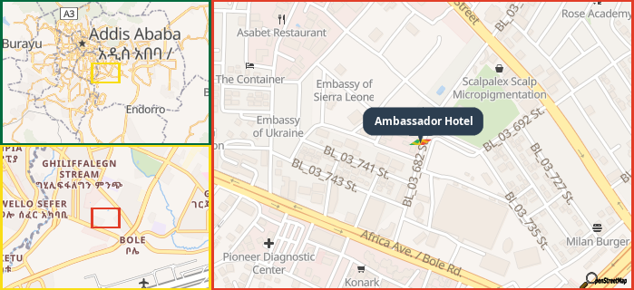 Map showing the address of Ambassador Hotel in three different zoom levels.