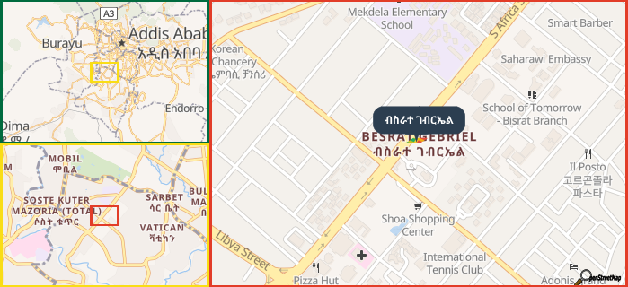 Map showing the address of ብስራተ ገብርኤል in three different zoom levels.