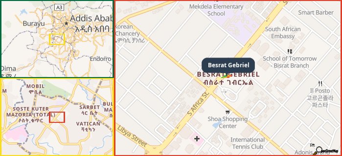 Map showing the address of Besrat Gebriel in three different zoom levels.