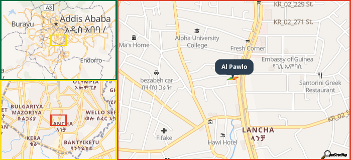 Map showing the address of Al Pawlo in three different zoom levels.