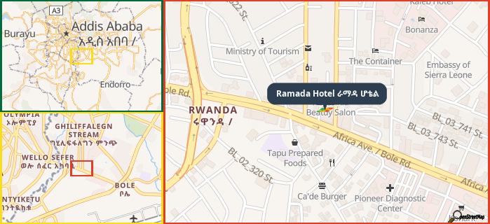 Map showing the address of Ramada Hotel ራማዳ ሆቴል in three different zoom levels.