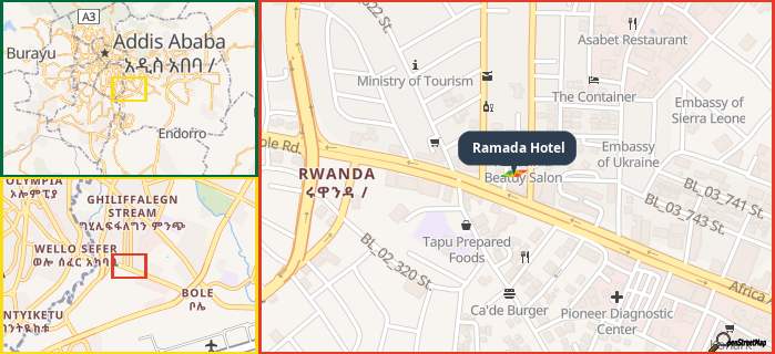 Map showing the address of Ramada Hotel in three different zoom levels.