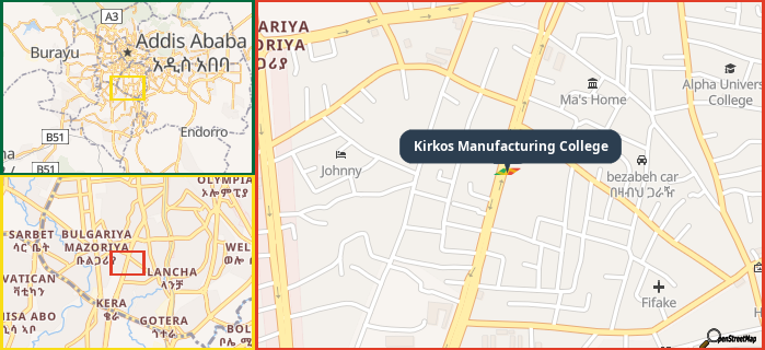 Map showing the address of Kirkos Manufacturing College in three different zoom levels.