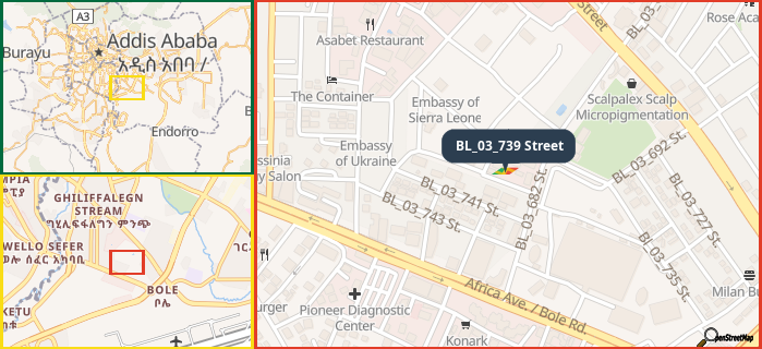 Map showing the address of BL_03_739 Street in three different zoom levels.