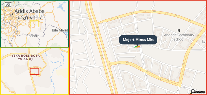 Map showing the address of Mejert Minos Mkt in three different zoom levels.