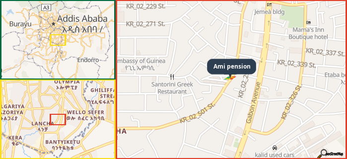 Map showing the address of Ami pension in three different zoom levels.