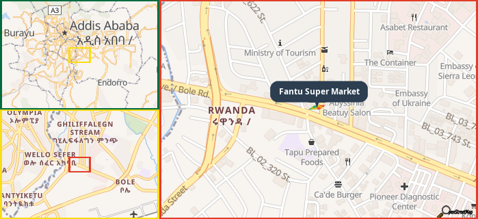 Map showing the address of Fantu Super Market in three different zoom levels.