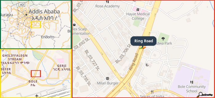 Map showing the address of Ring Road in three different zoom levels.