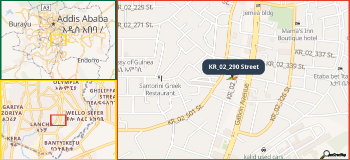 Map showing the address of KR_02_290 Street in three different zoom levels.