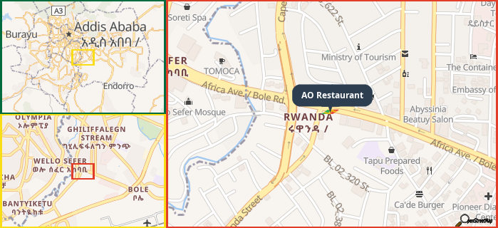 Map showing the address of AO Restaurant in three different zoom levels.