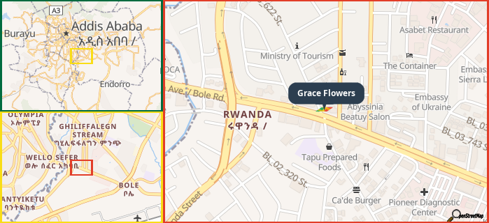 Map showing the address of Grace Flowers in three different zoom levels.