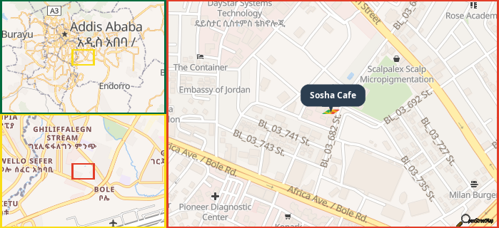 Map showing the address of Sosha Cafe in three different zoom levels.