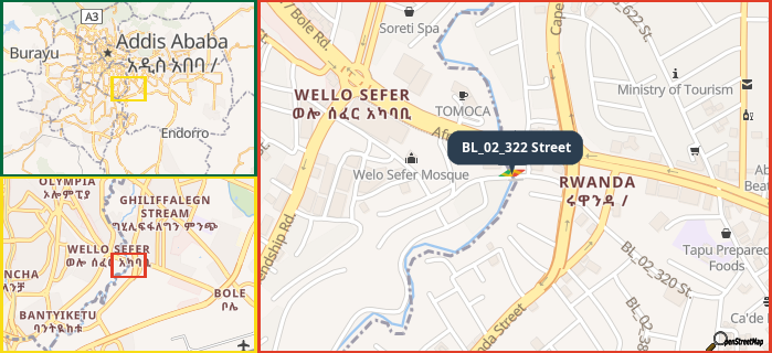 Map showing the address of BL_02_322 Street in three different zoom levels.