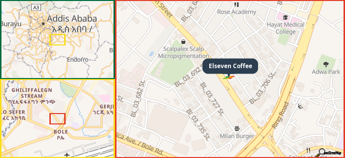 Map showing the address of Elseven Coffee in three different zoom levels.