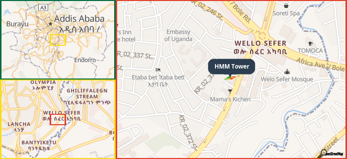 Map showing the address of HMM Tower in three different zoom levels.