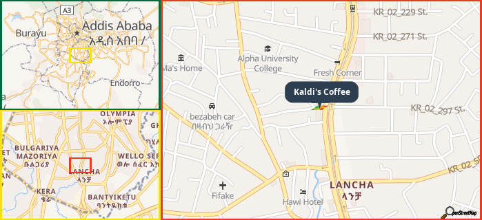 Map showing the address of Kaldi's Coffee in three different zoom levels.